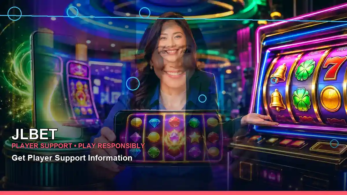 JLBET Golden Land online slot view with an adult Filipina casino host in a right-side close-up composition